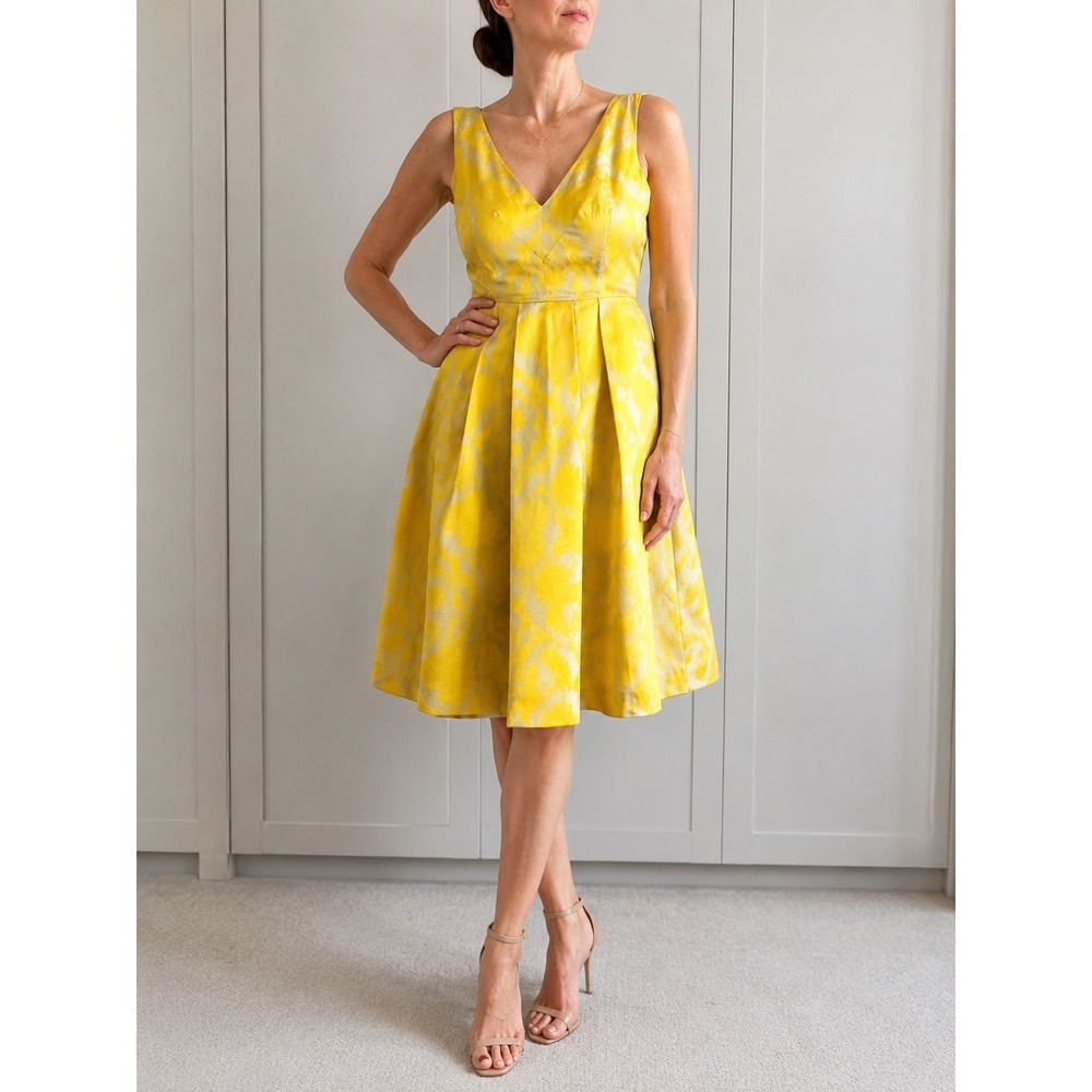 Tory Burch Yellow Silk Blend Jacquard Pleat A-Line Dress 4 Wedding Guest Party